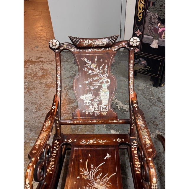 Mid 20th Century Vintage Chinoiserie Mother-of-Pearl Moon Gazing Recliner Chairs, Pair For Sale - Image 5 of 12