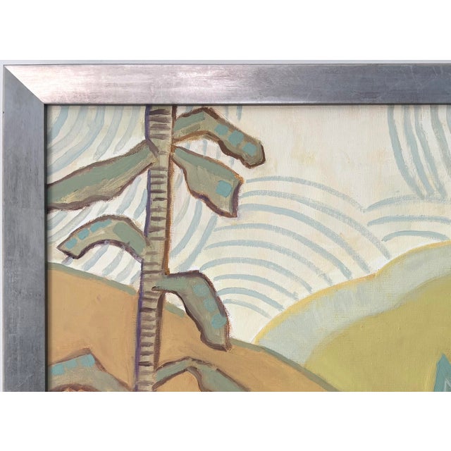 Abstract landscape with lyrical markings in a silver frame with oak wood sides. Signed on the front. Nancy’s Bio: Nancy...