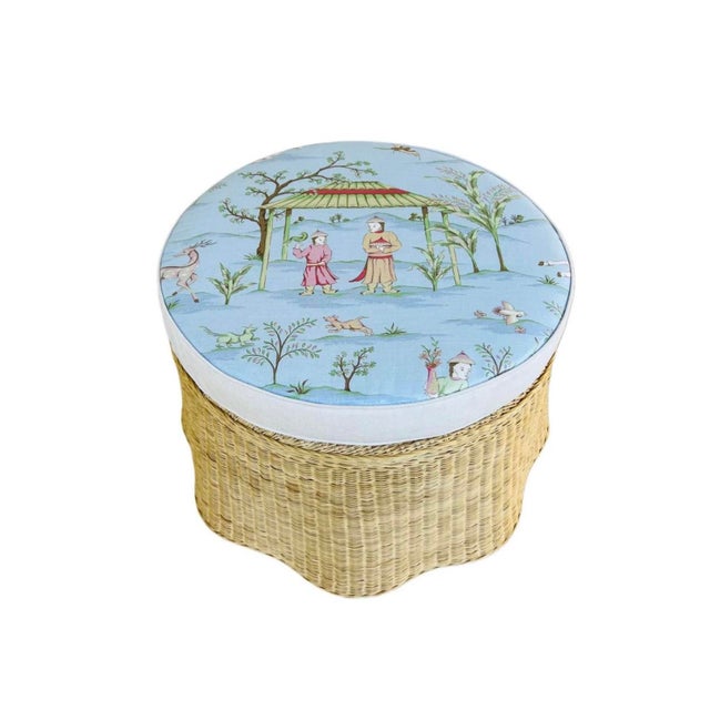 Thibaut Upholstered Top Wavy Wicker/Rattan Coffee Table in Thibaut “ Ting Yuan” For Sale - Image 4 of 6