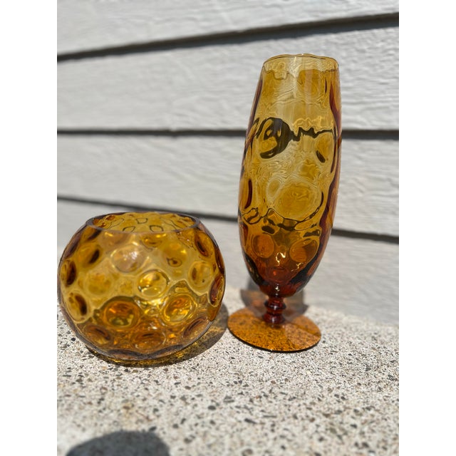 Vintage Italian Amber Empoli Optic Glass Vases - Set of 2 For Sale - Image 10 of 10