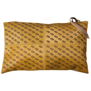 Mustard Patterned Cowhide Cushion with Suedette Back & Leather Zip Tassels by Casa Botelho For Sale