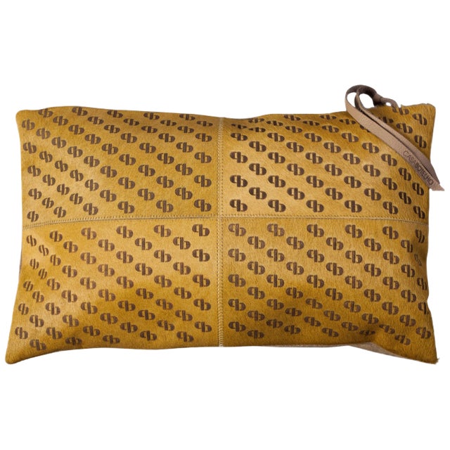 Mustard Patterned Cowhide Cushion with Suedette Back & Leather Zip Tassels by Casa Botelho For Sale