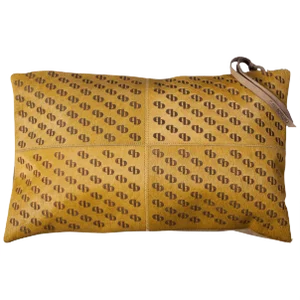 Mustard Patterned Cowhide Cushion with Suedette Back & Leather Zip Tassels by Casa Botelho