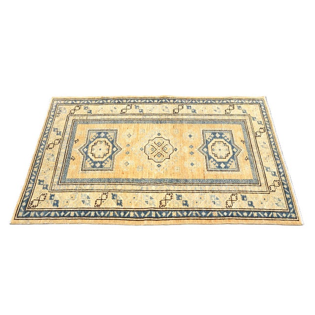 3x5 Antique-Style Apricot & Blue Medallion Rug, Ariana Hazara Caucasian Design For Sale - Image 4 of 8