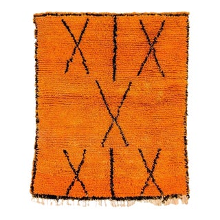 Vintage Moroccan Tangerine Orange Handmade Tribal Azilal Wool Rug 4 X 5 For Sale
