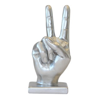 Silver Peace Sign Hand Symbol Sculpture For Sale
