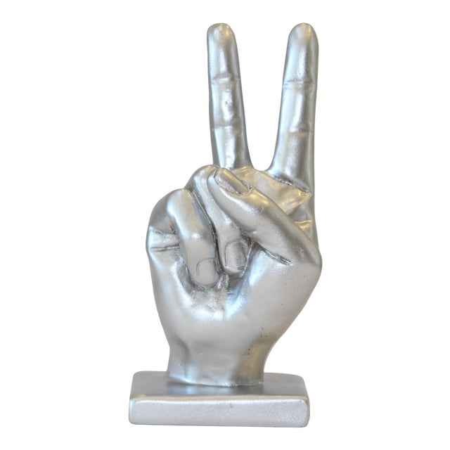 Silver Peace Sign Hand Symbol Sculpture For Sale