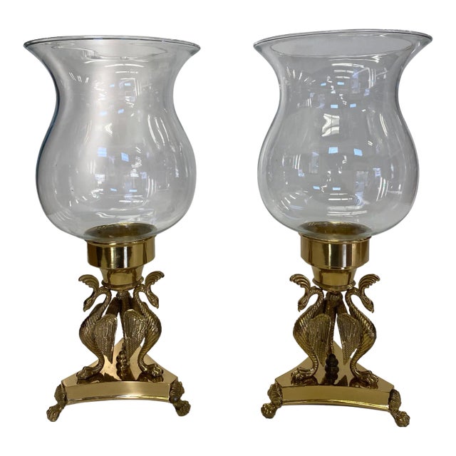 Brass & Blown Glass Hurricanes With Birds -Pair For Sale