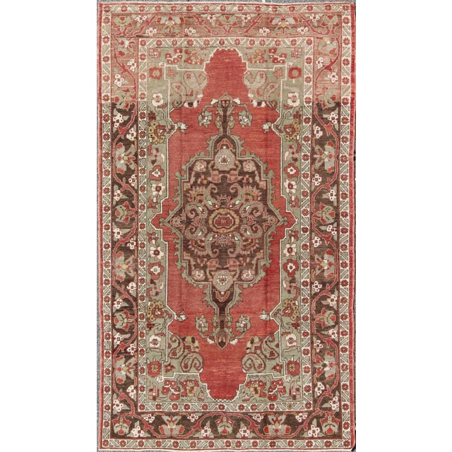 Antique Turkish Oushak Rug With Medallion in Soft Red, Light Green & Brown For Sale - Image 9 of 9