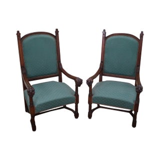 Antique 19th C. Gothic Oak Throne Arm Chairs - 2 For Sale
