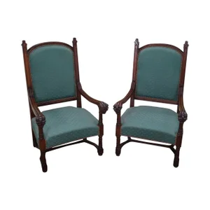 Antique 19th C. Gothic Oak Throne Arm Chairs - 2