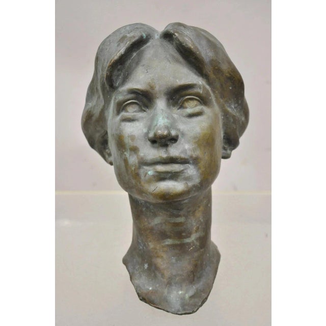 Vintage Patinated Cast Bronze Bust Statue Sculpture of Woman With Pinned Hair For Sale - Image 12 of 12