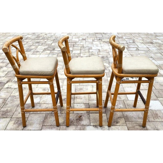 Mid-Century Modern McGuire Bamboo Bar Stools With Leather Seats, 1970s Bohemian Style For Sale - Image 3 of 12