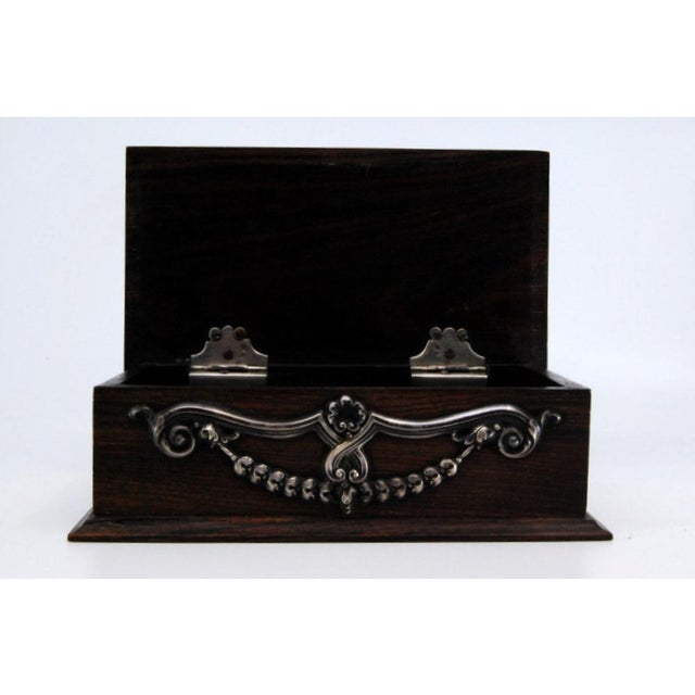 Silver Wooden Jewelry Box with Silver Applications and Coat of Arms Letters on the Lid For Sale - Image 8 of 11