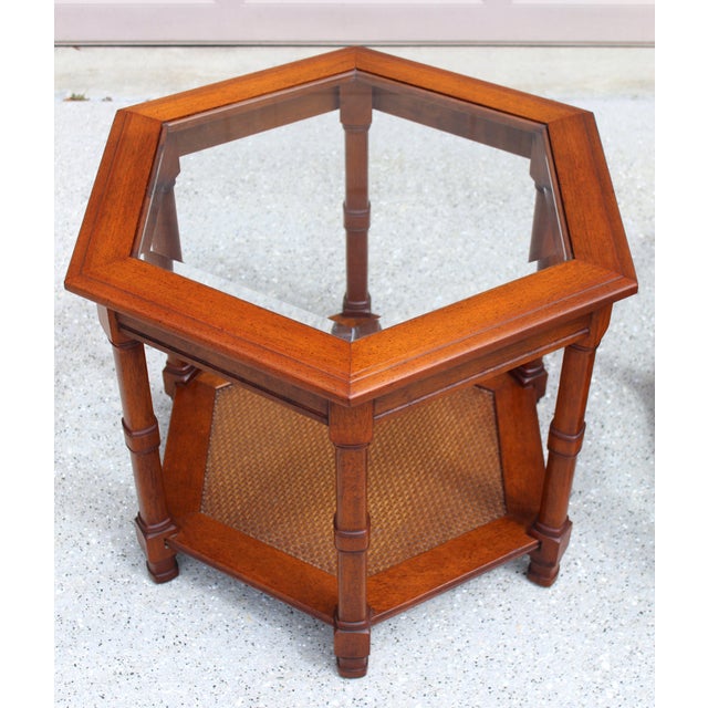 Wood Vintage 1960s Mid-Century Modern Walnut Octagonal Glass Top & Cane Coffee Table + 2 Matching Hexagonal Accent Tables For Sale - Image 7 of 12