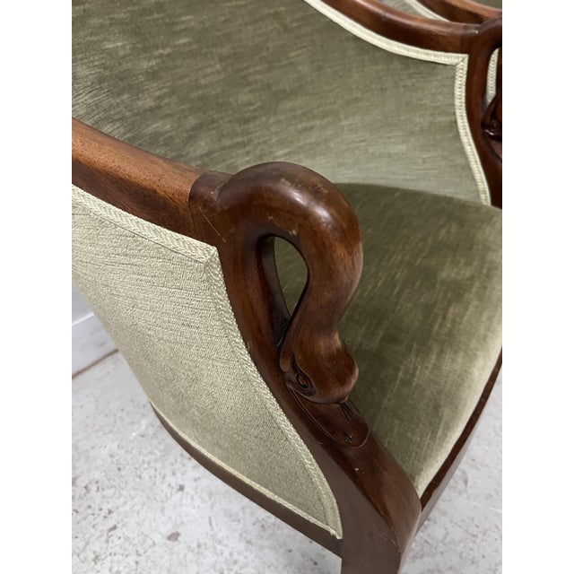 Pair of Empire-style armchairs in solid walnut Gondola armchair with swan-neck decoration Upholstery and padding in good...