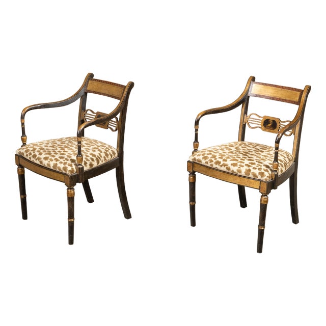 Pair of English Regency Period Early 19th Century Black and Gold Armchairs For Sale