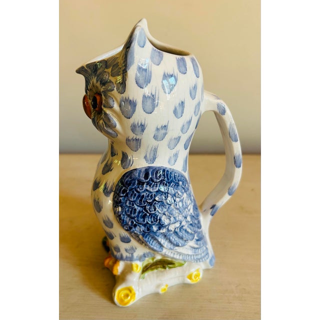 Vintage Mid Century Blue & White Hand Painted Ceramic Owl Pitcher For Sale - Image 10 of 11