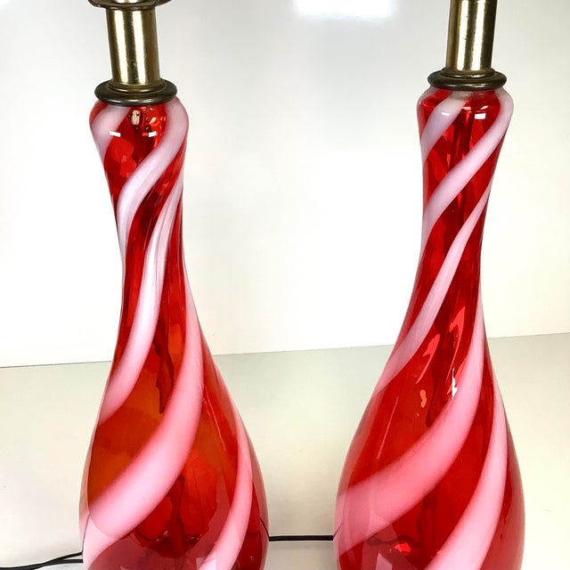 Vintage Mid Century Modern Candy Cane Swirl Striped Red Table Lamps 1950s Murano Glass - a Pair For Sale - Image 6 of 8