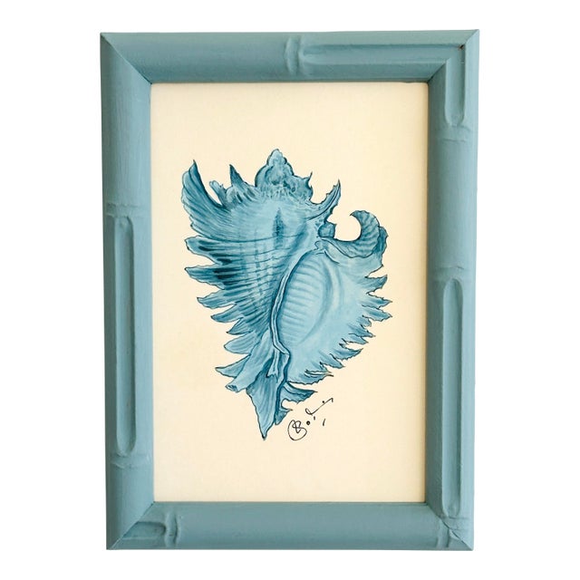 Original Hand-Painted Blue Seashell Painting in a Hand-Painted Framed For Sale