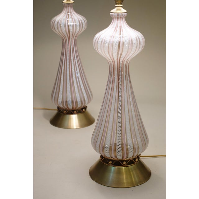 1960s 1960 Large White & Pink Barovier Toso Murano Italy Latticino Blown Art Glass Brass Table Lamps - a Pair For Sale - Image 5 of 13