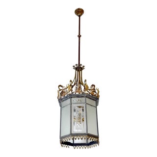 Antique Neoclassical Bronze & Etched Glass Ceiling Lantern For Sale