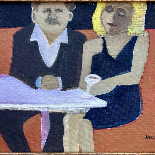 A wonderful interior scene of two figures by Martha Laughlin (1928-2002) of Chicago. Acrylic on canvas board.
