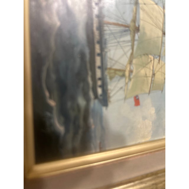 Late 20th Century Vintage Signed Maritime Oil Painting of Sailing Ship in Ornate Gilt Frame, 11.5” X 9.5” For Sale - Image 5 of 11
