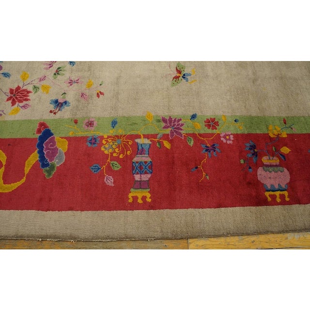 Gorgeous Tan-Ecru Ground Color With Red-Raspbery Border in a Chinoiserie Pattern Antique Chinese Art Deco Rug For Sale - Image 10 of 12