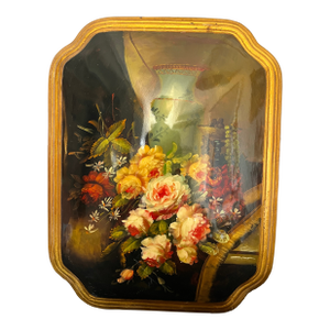 Vintage Handpainted Russian Still Life Lacquered Painting With Gilded Edges