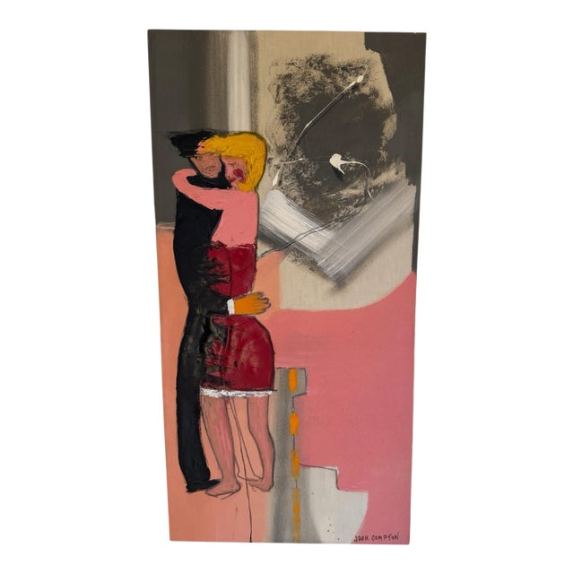 1980s Vertical Contemporary Figurative Abstract Painting, Pink, Black & Neutral Tones, 18” X 36” by Jack Compton For Sale
