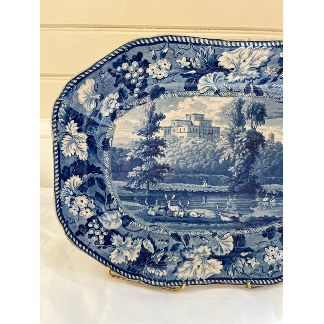 English Incredibly Rare Antique 19th Century Blue & White Enoch Wood Transfer-Printed Landscape Platter “Kenmount Dumfriesshire” Scotland Circa 1820’s For Sale - Image 3 of 12
