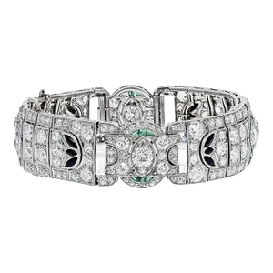 1930s Art Deco Old-European Cut Diamond, Emerald and Onyx Platinum Art Deco Bracelet