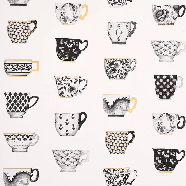 Sample - Schumacher Onie's Teacups Wallpaper in Ink For Sale