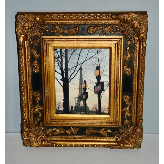 Jacobean Vtg. Parisian Scene Print in Ornate Black & Gold Rocco Style Frame For Sale - Image 3 of 13