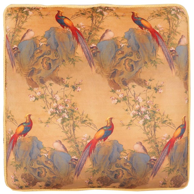 Shabby Chic Chinese Nature-Sceen Italian Velvet Upholstered Ottoman For Sale - Image 3 of 9