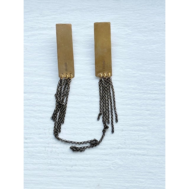 Metal Vintage 1990s Brutalist Brass Gunmetal Chain Fringe Dangle Earrings, Pair For Sale - Image 7 of 11