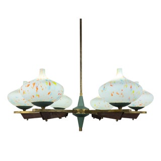 Mid-Century Chandelier with Teak and Murano Glass from Stilnovo, Italy, 1950s For Sale