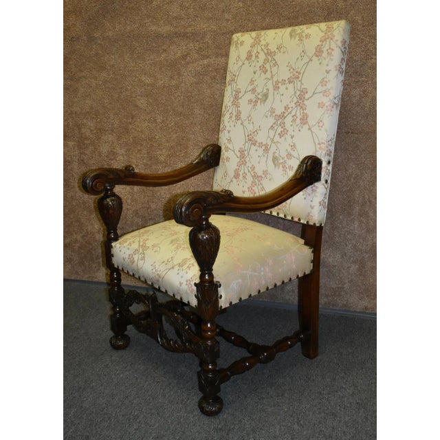Carved Walnut Armchair French Style High Back Vintage Upholstered Floral Chair For Sale - Image 9 of 13