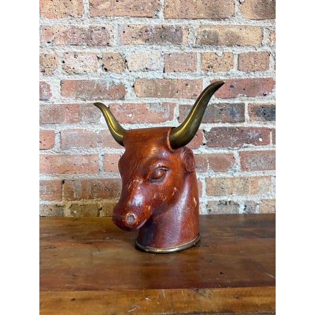 Mid 20th Century Modern Carved Wood Bull Bust Sculpture With Brass Horns For Sale - Image 13 of 13