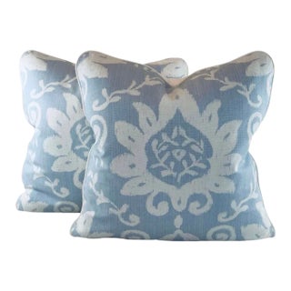 Designer Thibaut Cream & Periwinkle Blue Bridgewater Damask 18" Pillow Covers- Pair For Sale