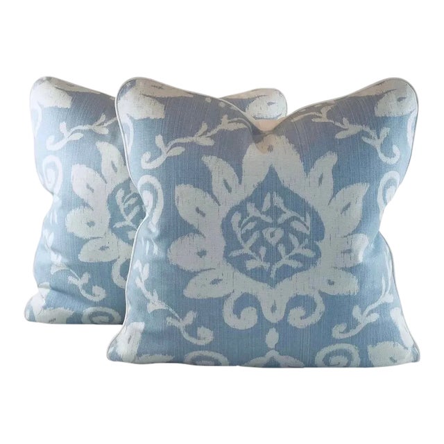 Designer Thibaut Cream & Periwinkle Blue Bridgewater Damask 18" Pillow Covers- Pair For Sale
