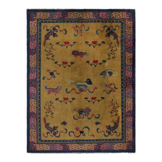 Antique Indochinese Art Deco Rug in Gold With Kirin Pictorials, From Rug & Kilim For Sale