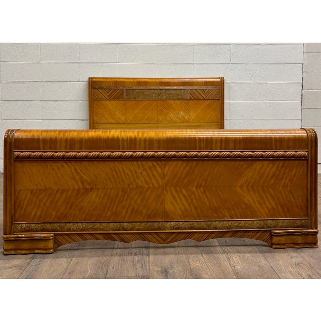 Art Deco Vintage Full Size Art Deco Waterfall Satinwood Veneer Sunburst Bed For Sale - Image 3 of 11