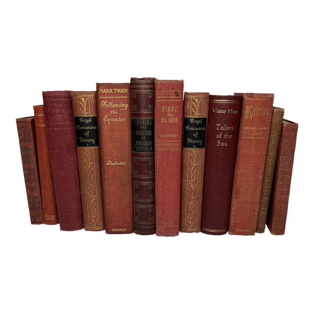 Red Gilded Spines Vintage Book Set- 12 Pieces | Chairish
