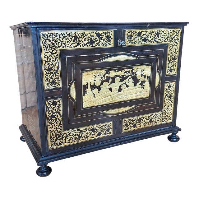 Late 19th Century Ebonized and Inlaid Wooden Coin Cabinet, Italy, 1890s For Sale