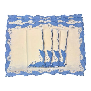 Vintage Cornflower Blue Embroidered French Linen Placemat and Dinner Napkin Set- 8 Pieces For Sale