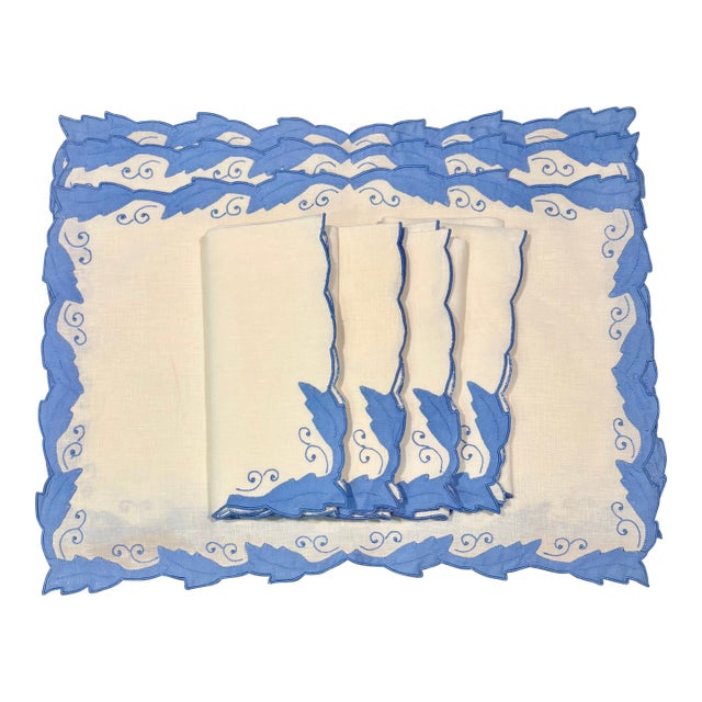 Vintage Cornflower Blue Embroidered French Linen Placemat and Dinner Napkin Set- 8 Pieces For Sale