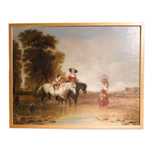 “Crossing the Ford,” 19th Century English Landscape Painting With Horses, After Callcott