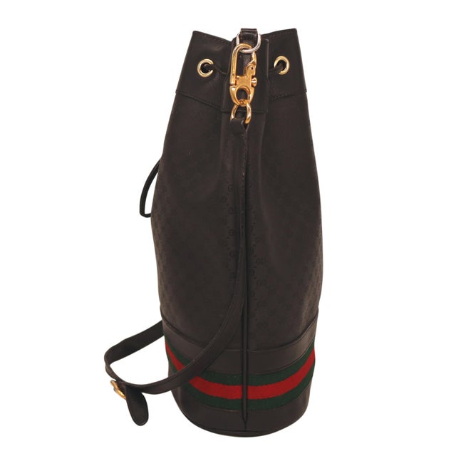 Contemporary Gucci Black Leather and Canvas Micro Guccissima Drawstring Sherry Line Bag, 1980 For Sale - Image 3 of 10